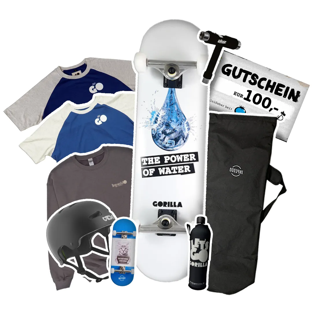 GORILLA - Skateboard-Set – das ist drin: Inpeddo x GORILLA „THE POWER OF WATER“ Skateboard Inpeddo Skatebag Inpeddo T-Tool TSG Evolution Helm Inpeddo Mr. Earth Sweater GORILLA Wasserflasche 100 € Blue Tomato Online-Gutschein