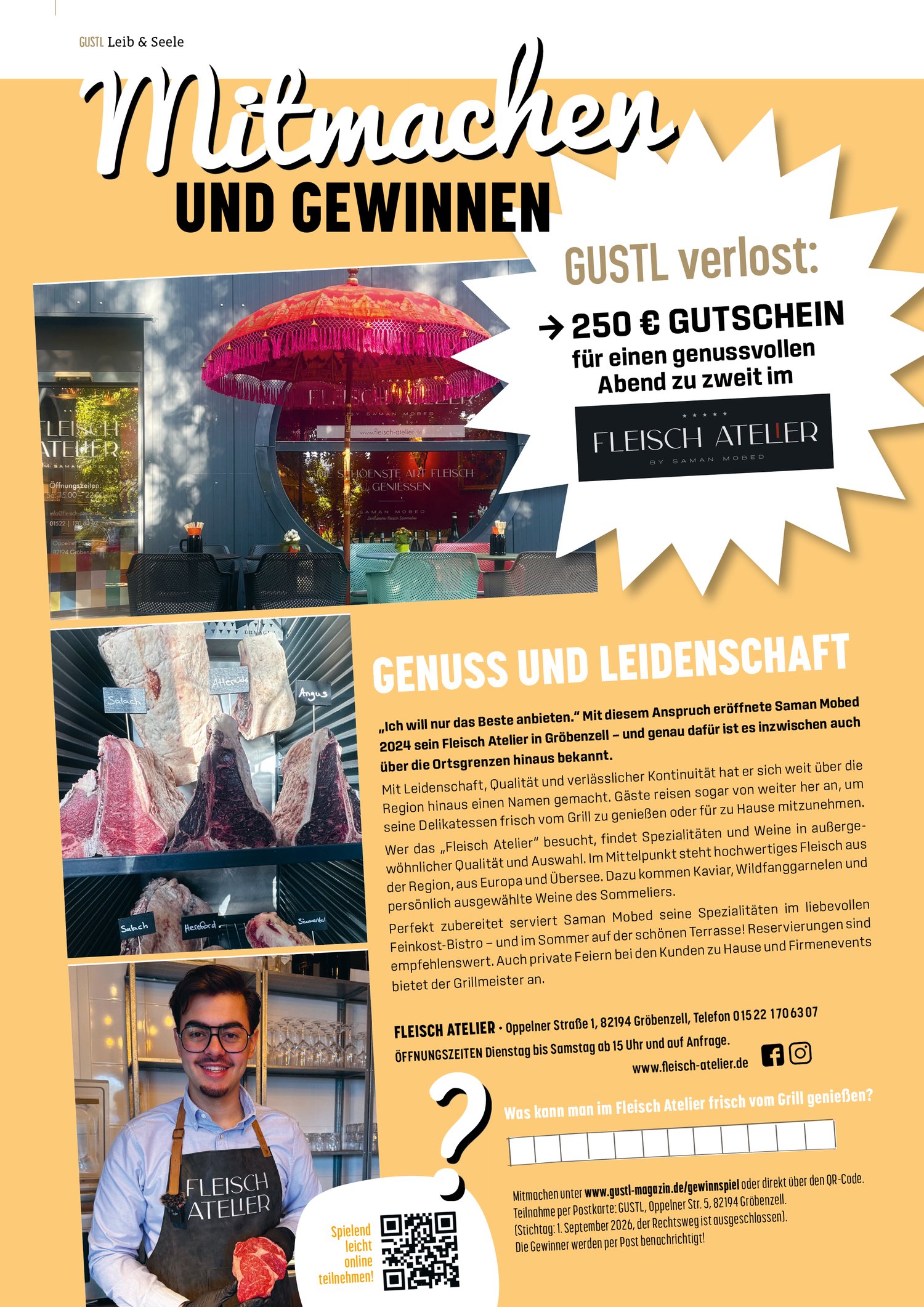 GUSTL – Das Magazin - 250€ Gutschein für das Feinkost Bistro ‚Fleisch Atelier‘ in Gröbenzell im Landkreis Fürstenfeldbruck