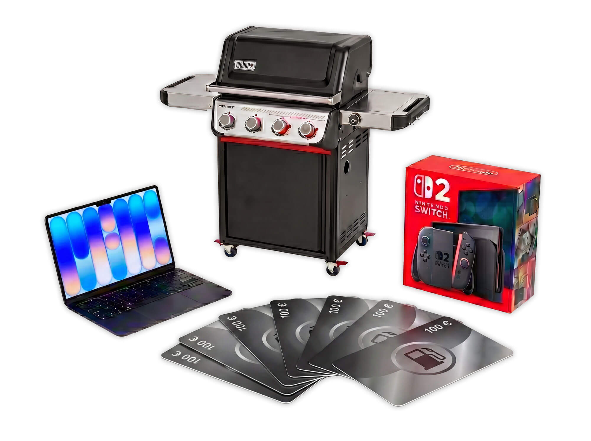 Kroner Versicherungsmakler - 1. Platz: Weber Gasgrill SPIRIT EP-425 GBS Black, 2. Platz: Apple MacBook Neo, 3. Platz: Nintendo Switch 2, 4.-10. Platz: je 100 € Tankgutschein