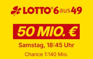 Lotto24: 50 Millionen im Jackpot bei 6aus49 - 3 Felder für 0,10 € statt 4,70 €