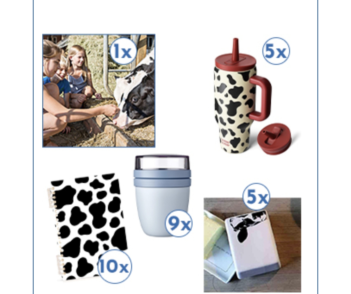 Milchwirtschaft - 1× ein Wochenende auf dem Bauernhof 5 × Butterdose 5 × Thermo-Kaffeebecher 9 × Müslibecher 10 × Notizblock