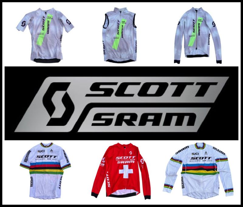 MTB-Sport - 3 verschiedene SCOTT-SRAM MTB Racing Team Pakete u. a. mit Team Trikot, Team Weste, Team Jacke, Team Hose, Weltmeistertrikot, Schweizer Meistertrikot, Handschuhe, Trinkflaschen