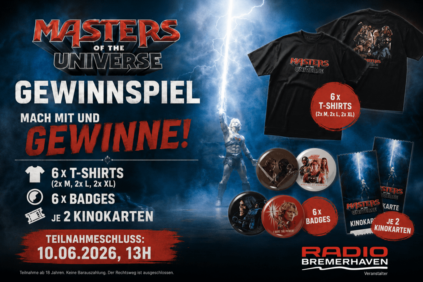 Radio Bremerhaven - Tolle Preise zum Kinostart von „MASTERS OF THE UNIVERSE“ (T-Shirts, Badges, Kinokarten)