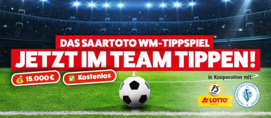 Saartoto - Gewinne im Gesamtwert von über 15.000 € - Geldbeträge zu 750, 500, 250€ — Teampreise zu 3333, 2222, 1111€, Tickets (für Wohnsitz Saarland)