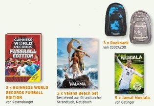 Sailer Verlag - 3 x 1 Rucksack von COOCAZOO | 3 x 1 Buch "Guiness World Records Fußball Edition" | 3 x 1 Vaiana Beach Set |5 x 1 Buch "Jamal Musiala"