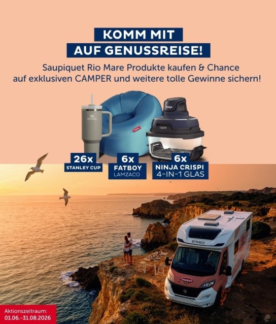 Saupiquet - 1 Premium Camper: Wohnmobil Etrusco T 6.9 SB, Modelljahr: 2025 26 x STANLEY CUP 6 x FATBOY LAMZAC O 6 x NINJA CRISPI 4-in1 Glas