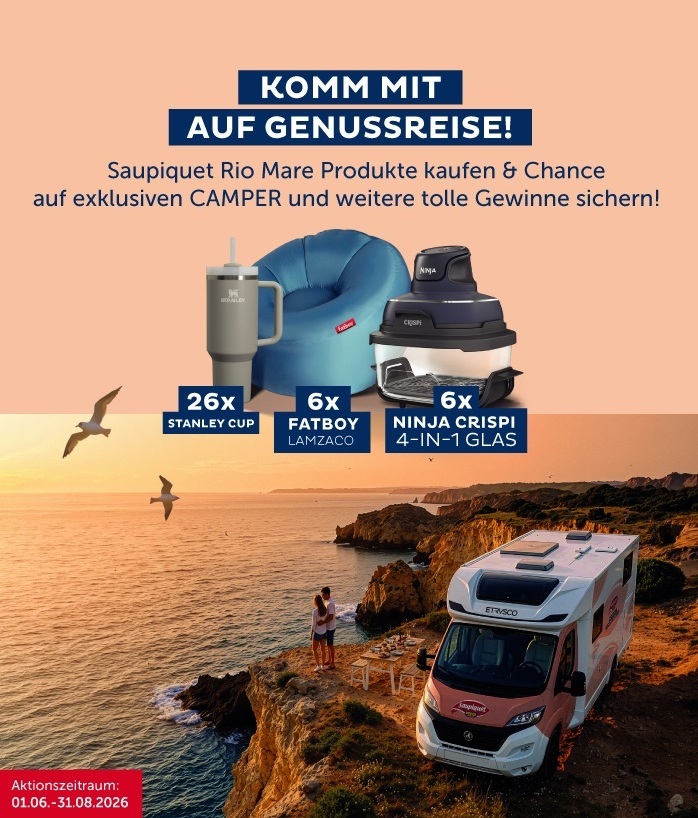 Saupiquet - 1 Premium Camper: Wohnmobil Etrusco T 6.9 SB, Modelljahr: 2025 26 x STANLEY CUP 6 x FATBOY LAMZAC O 6 x NINJA CRISPI 4-in1 Glas