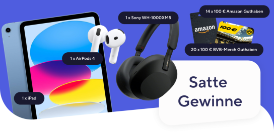 smartsteuer - 1x Apple iPad mit A16 Chip, 1x Apple AirPods 4, 1x Sony WH-1000XM5 Kabellose Over-Ear Kopfhörer, 14x 100 € Amazon Gutscheine, 20x 100 € BVB Fanshop-Gutscheine