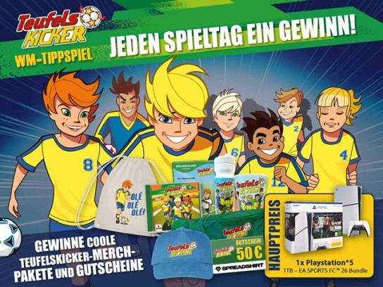 Sony Music - Hauptgewinn: SONY Playstation 5 Disc-Edition – EA Sports FC 26 Bundle, Spieltagsgewinne: Unterschiedliche Teufelskicker Merch Artikel und Gutscheine