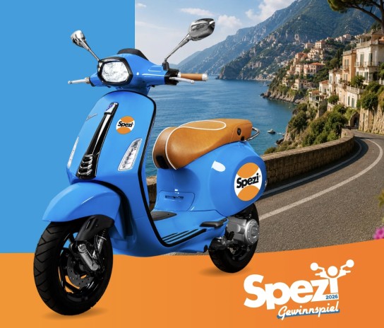 Spezi - 25 Vespa Sprint S 125 im exklusiven Spezi-Cyan Design, 222 Spezi Onemate Rucksäcke, 222 Spezi Fleecedecken, 222 Spezi Lunchboxen sowie 222 Spezi Trinkflaschen