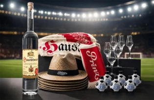 Sports Illustrated - 1,5 l Hausschnaps Marille 34 % vol • 6 Prinz Exklusivkelche • 6 Fußballkugeln gefüllt mit je 0,04 l Hausschnaps Marille • 6 Prinz Strohhüte • 6 Prinz Hausi-Schals