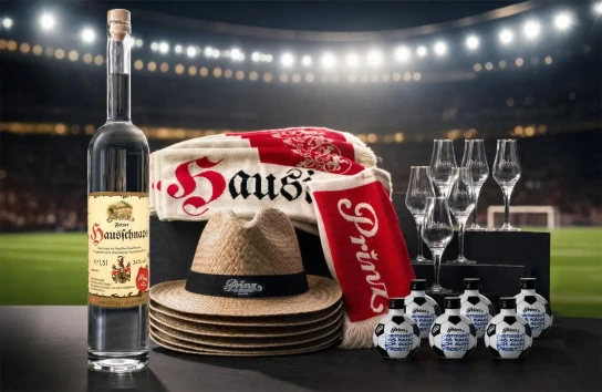 Sports Illustrated - 1,5 l Hausschnaps Marille 34 % vol • 6 Prinz Exklusivkelche • 6 Fußballkugeln gefüllt mit je 0,04 l Hausschnaps Marille • 6 Prinz Strohhüte • 6 Prinz Hausi-Schals