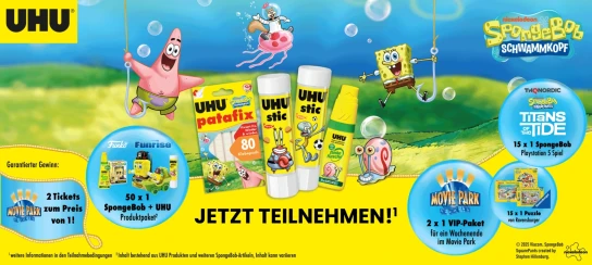 UHU - 2 x 1 VIP-Paket für ein Familien-Wochenende für max. 4 Personen im Movie Park 15 x 1 SpongeBob Titans of the Tide PlayStation 5 Spiel 15 x 1 Ravensburger SpongeBob Puzzle 50 x 1 SpongeBob x UHU Produktpaket