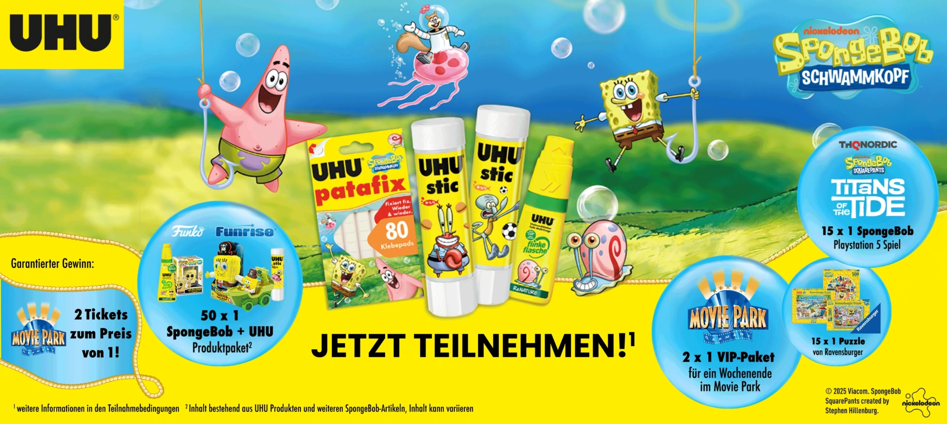 UHU - 2 x 1 VIP-Paket für ein Familien-Wochenende für max. 4 Personen im Movie Park 15 x 1 SpongeBob Titans of the Tide PlayStation 5 Spiel 15 x 1 Ravensburger SpongeBob Puzzle 50 x 1 SpongeBob x UHU Produktpaket