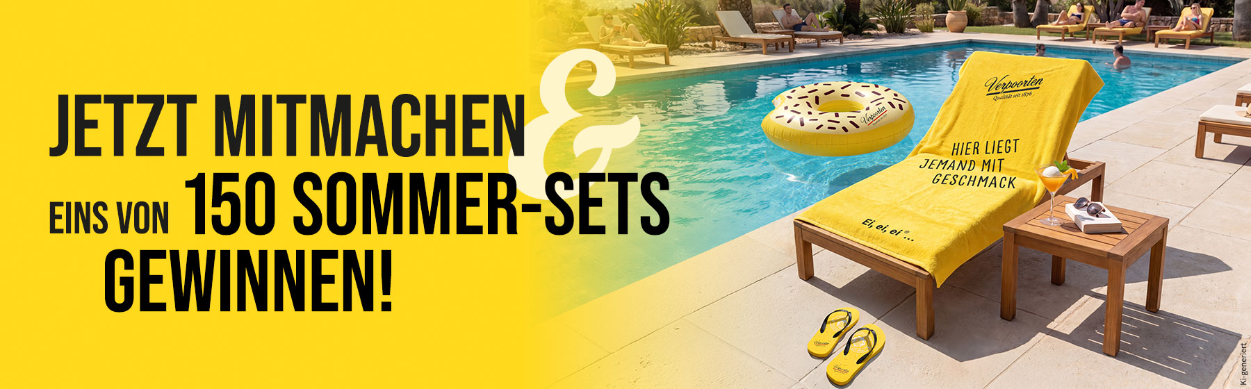 VERPOORTEN - 150 VERPOORTEN Sommer-Sets, bestehend aus: 1 x VERPOORTEN Standhandtuch XXL, 1 x VERPOORTEN Flip Flops, 1 x VERPOORTEN Schwimmring im Donut-Design