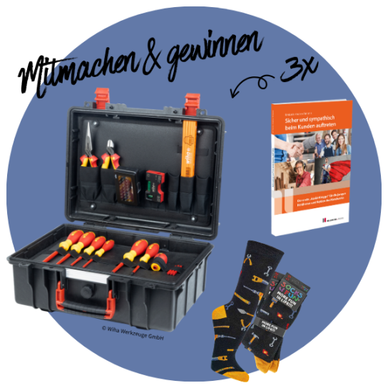 watts up - 3x Elektro-Starterpaket, bestehend aus: Wiha Werkzeugkoffer „Basic Set L electric“ (18-teilig). Ratgeber-Buch „Sicher und sympathisch beim Kunden auftreten“. 2 Paar Werkzeugsocken