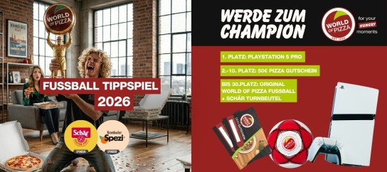 World of pizza - Platz 1: Playstation 5 Pro + World of Pizza Fußball, Platz 2-10: 50 € World of Pizza - Gutschein + World of Pizza Fußball, Platz 11-30: World of Pizza Fußball + Schär Turnbeutel