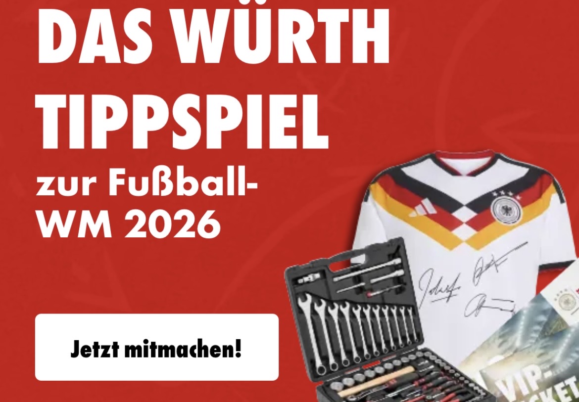 WÜRTH - 2x VIP-Tickets DFB-Spiel + WÜRTH WERKZEUGKOFFER 93-TEILIG, Unterschriebenes DFB-Trikots + WÜRTH WERKZEUGKOFFER 63-TEILIG, 2x DFB-Tickets + WÜRTH GRILL SET. Einkaufs-Gutscheine, WM-Trainingsball
