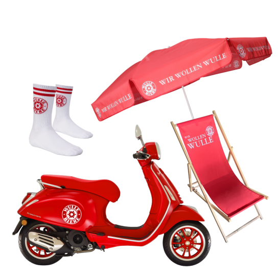 Wulle Bier - 1 x Vespa,20x Set bestehend aus Liegestuhl + Sonnenschirm,30x Wulle Socken