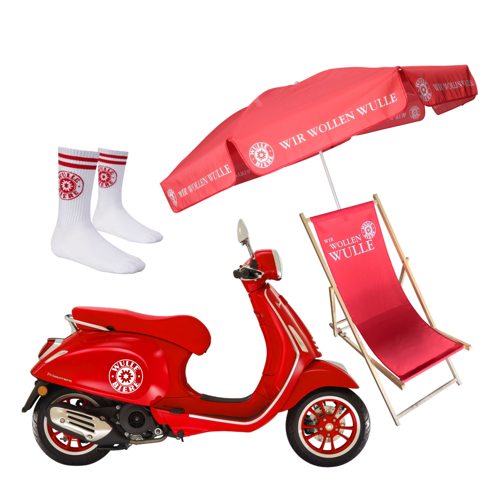 Wulle Bier - 1 x Vespa,20x Set bestehend aus Liegestuhl + Sonnenschirm,30x Wulle Socken