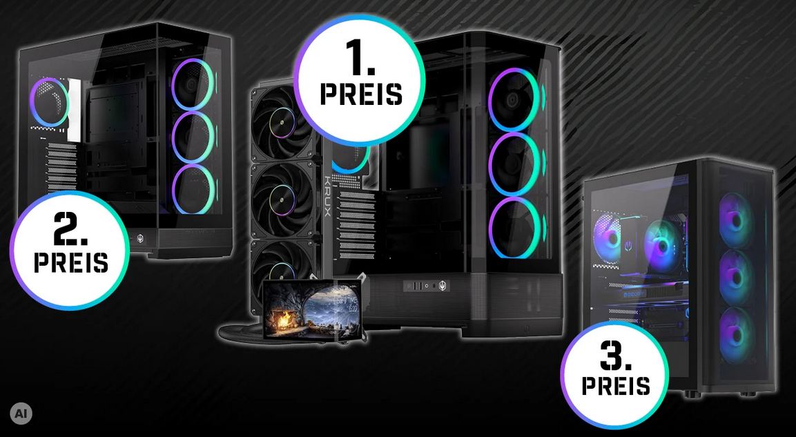 Alternate - 1 x Tower-Gehäuse "Aquarius 8000 Corona" von ENDORFY + Wasserkühlung "HydroArc 360" von Krux | 1 x Tower-Gehäuse "Fishtank 6000 Corona" von ENDORFY | 1 x Tower-Gehäuse "Ventum 400 ARGB" von ENDORFY