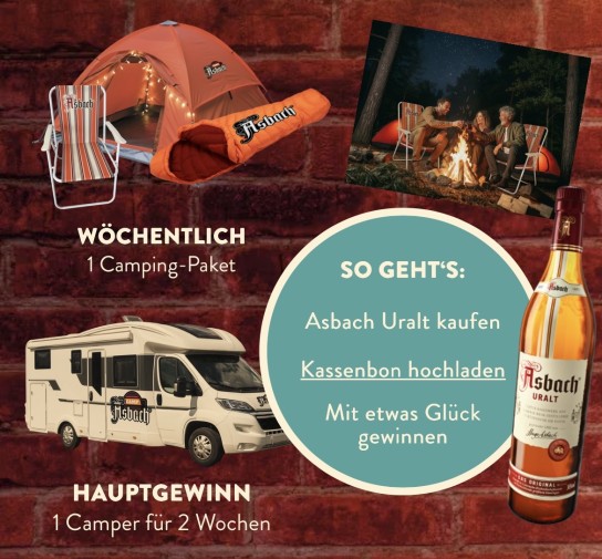 Asbach - Gutschein für die Anmietung eines Campingvans bzw. Wohnmobils für den Zeitraum von bis zu 2 Wochen,10 Asbach Outdoor-Pakete mit 2-Personen-Zelt, Schlafsack und Campingstuhl