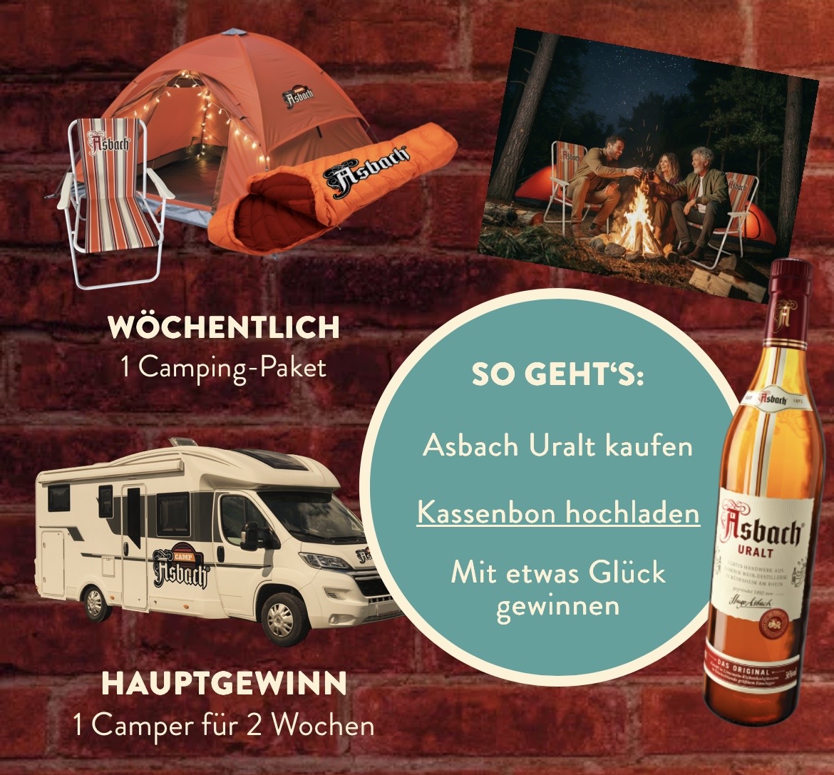 Asbach - Gutschein für die Anmietung eines Campingvans bzw. Wohnmobils für den Zeitraum von bis zu 2 Wochen,10 Asbach Outdoor-Pakete mit 2-Personen-Zelt, Schlafsack und Campingstuhl