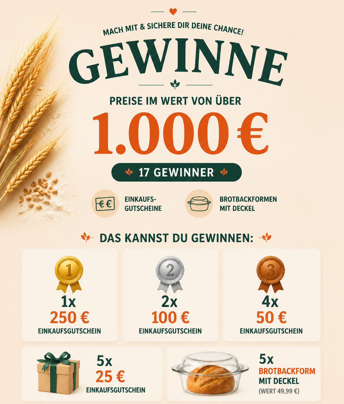 Bake with Love - Einkaufsgutscheine von Bake with Love 1x250€, 2x 100€, 4x 50€, 5x 25€, 5× Brotbackform mit Deckel Wert 49,99 €