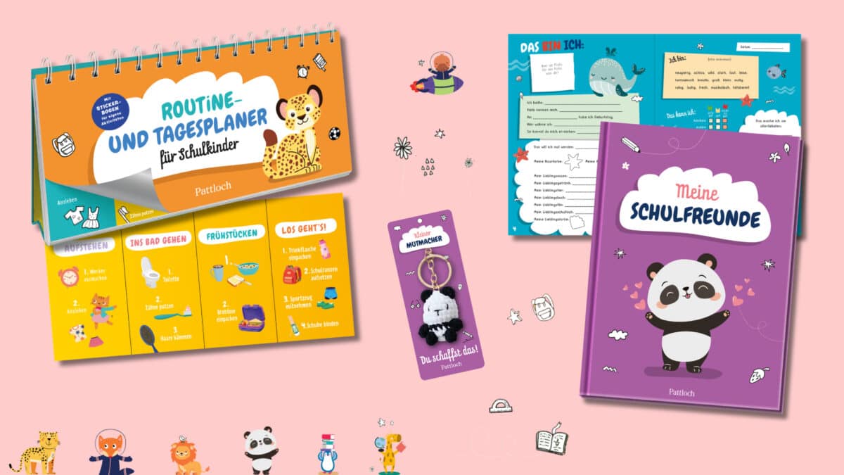 Berlin mit Kind - 5 x ein Set je mit einem Routine- und Tagesplaner, einem Meine Schulfreunde-Buch Panda und einem Mutmacher Panda-Häkeltier aus dem Pattloch Verlag