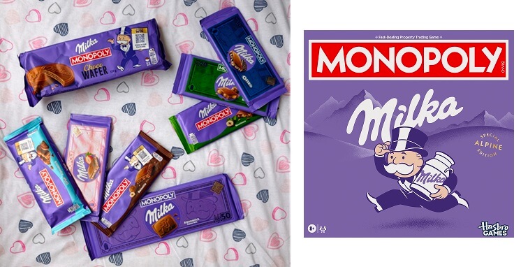 Beyond Pixels - 1 x Milka x MONOPOLY™ Brettspiel (Versand im Herbst 2026), 2 Milka-Schokopakete