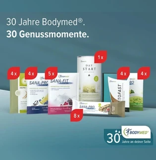 Bodymed - 1 von 3 Bodymed-Produktpaketen bestehend aus 4 Suppen, 4 Cremes, 8 Riegeln, einer Day Start Dose, 5 Sana-Fit Sachets, 4 Hepafast Sachets, 4 Ketofast Sachets im Wert von je 126,20 €