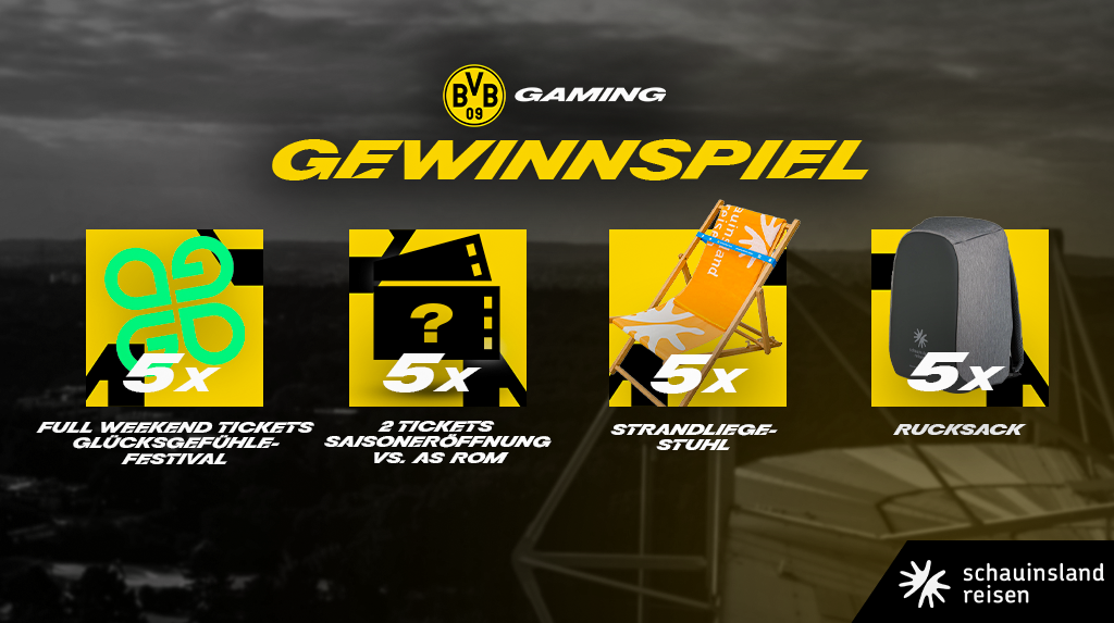 Borussia Dortmund - 5x 2 Tickets für die Saisoneröffnung gegen AS Rom, 5x Full Weekend Tickets für das GLÜCKSGEFÜHLE Festival, 5x StrandliegeStühle, 5x Rucksäcke