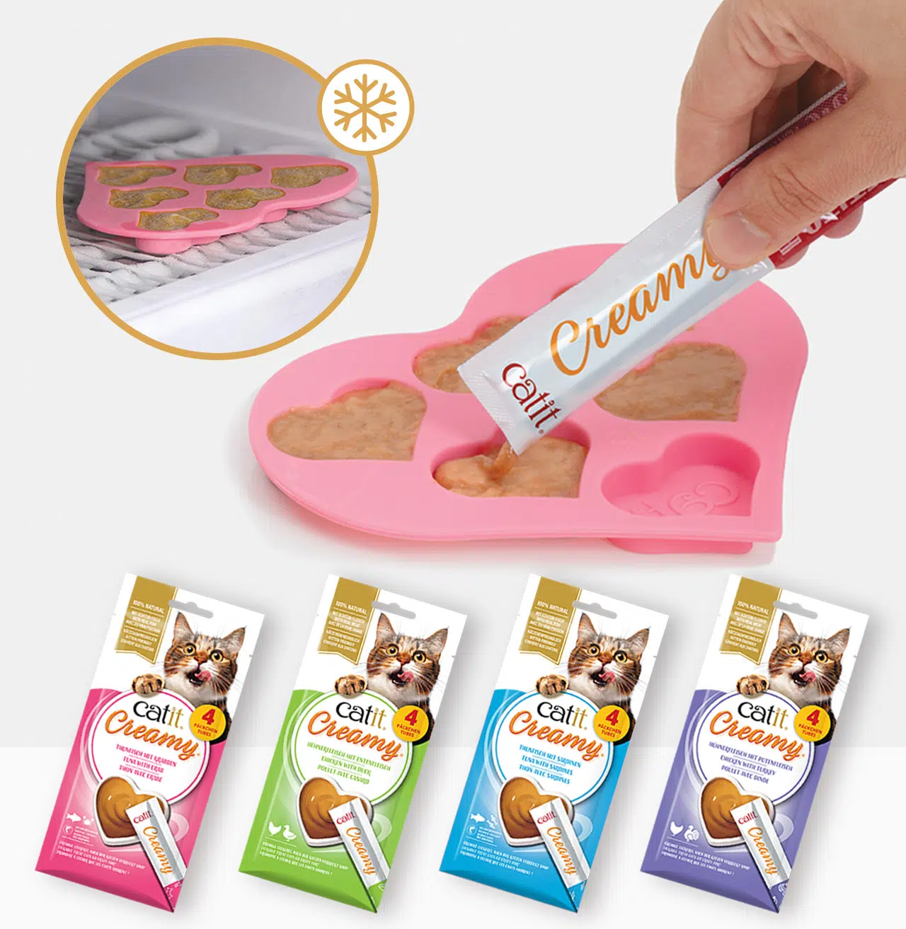 Catit - Ein Produktpaket bestehend aus den brandneuen, von Eiscreme inspirierten Catit Creamy Schlecksnack sowie einer herzförmigen Catit Creamy Eiscreme-Form aus Silikon