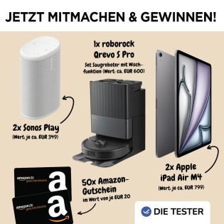 CDA Verlag - 2x Apple iPad Air M4, 1x roborock Qrevo S Pro Set Saugroboter mit Wischfunktion, 2x Sonos Play, 50x Amazon-Gutschein im Wert von je EUR 20