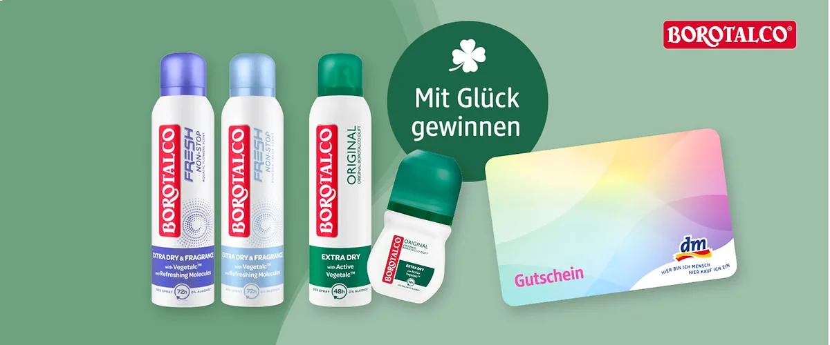dm-drogerie markt - 1 x 1 dm-Gutschein im Wert von 100 € und 1 x 1 Borotalco Produktpaket