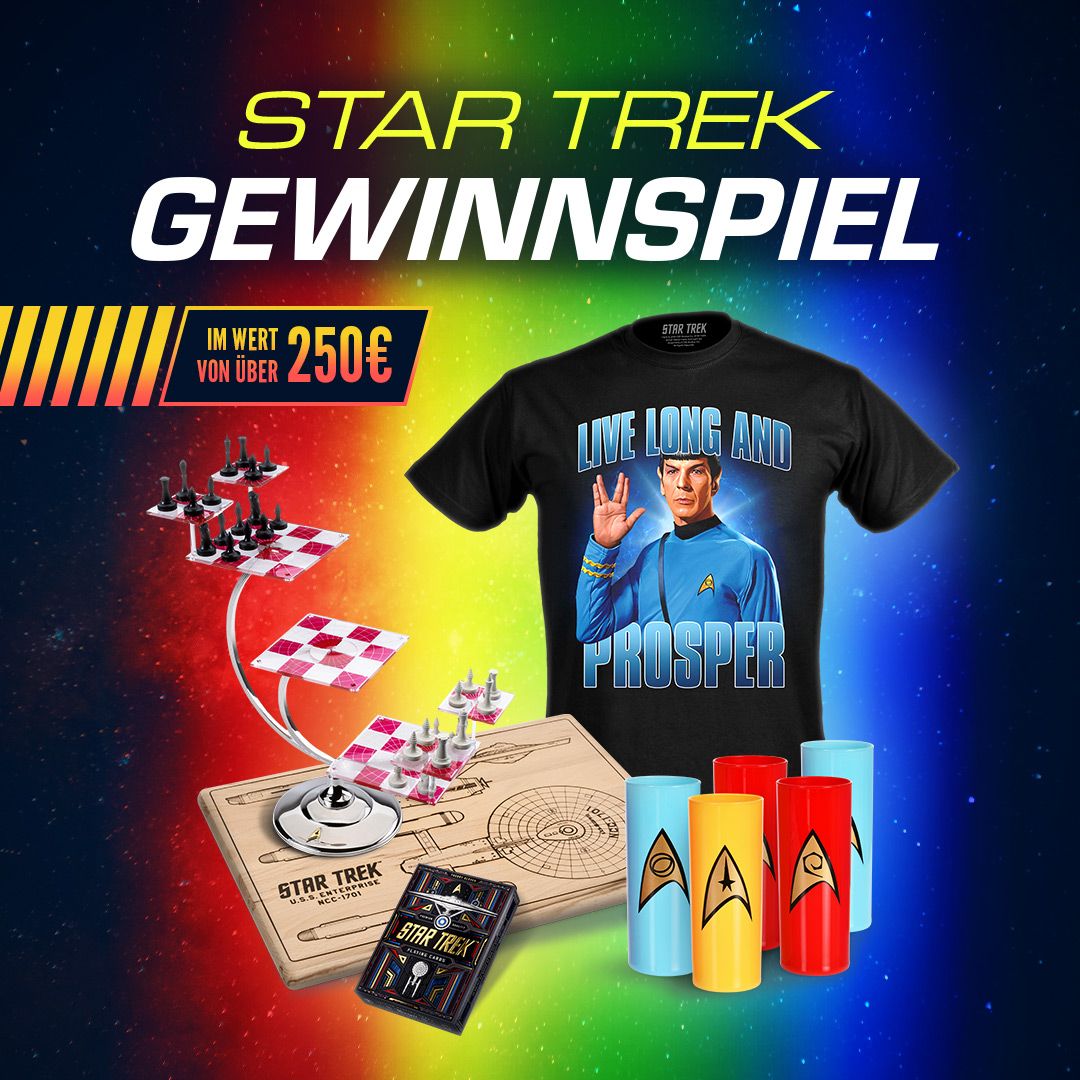 ELBENWALD - 1x Star Trek Fanpaket im Wert von über 250 € (enthält 3D-Schachspiel, U.S.S. Enterprise Schneidebrett, Kartenspiel, Spock T-Shirt & Gläserset)