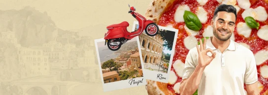 Freda - Eine Vespa Primavera 50 (Farbe rot)  Ein Reisegutschein im Wert von 3.000 € für eine Traumreise nach Neapel  Ein Reisegutschein im Wert von 3.000 € für eine Traumreise nach Rom