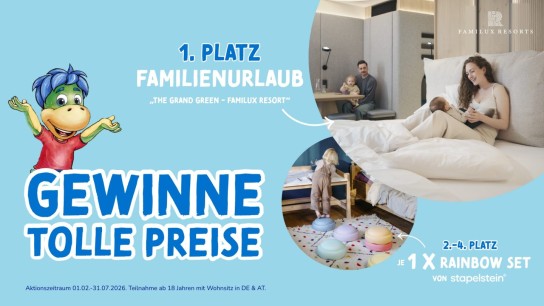 FruchtZwerge - 1x 2 Übernachtungen im Familien Resort The Green Garden von Familux für 2 Erwachsene und begleitende Kinder in der Nebensaison (Termin im gesetzten Rahmen frei wählbar) und 3x ein Stapelstein Rainbow Set (im Wert von je 209€)