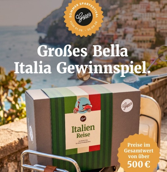 Gepp’s - Großes Bella Italia Gewinnspiel (Zitronenpresse, Mörser, Espressotassen-Set, Wasserkaraffe, Salatbesteck oder Gepp's Präsentkorb Italienreise; Gesamtwert >500€)