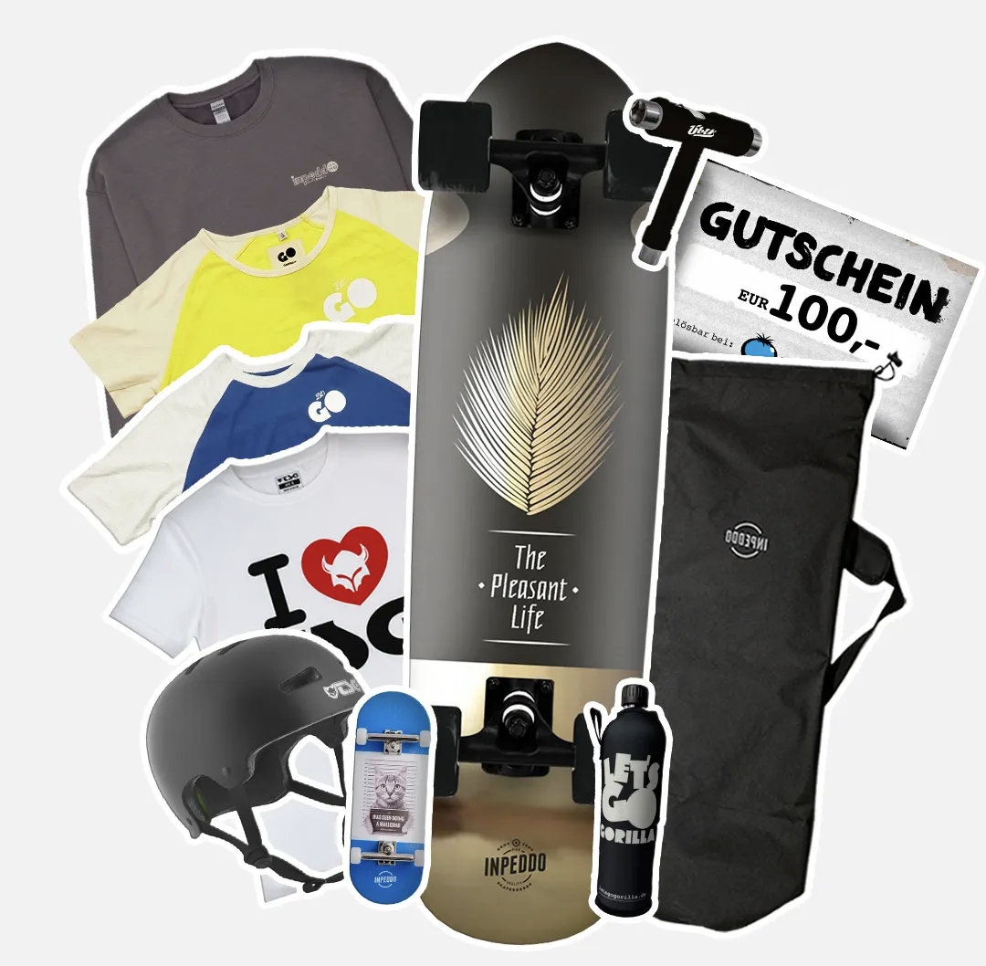 GORILLA - Ein riesiges Skateboard-Set mit Inpeddo Cruiser Complete Inpeddo Skatebag Inpeddo T-Tool TSG Evolution Helm Inpeddo Mr. Earth Sweater GORILLA Wasserflasche 100 € Blue Tomato Online-Gutschein