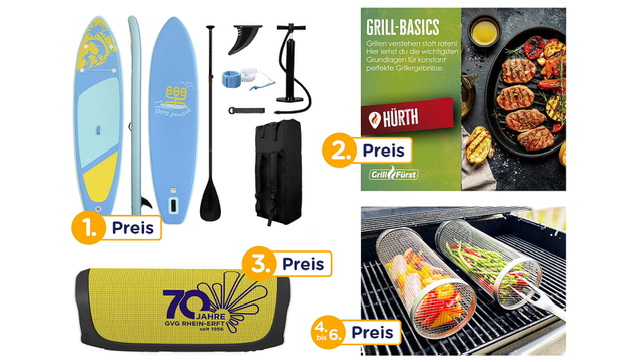 GVG Rhein-Erft - aufblasbare Stand-up-Paddleboard mit Zubehör, Grillseminar für 2 Personen bei Grillfürst in Hürth, JBL Flip Essential 2 mit GVG-Jubiläumslogo, BBQ-Grillkorb