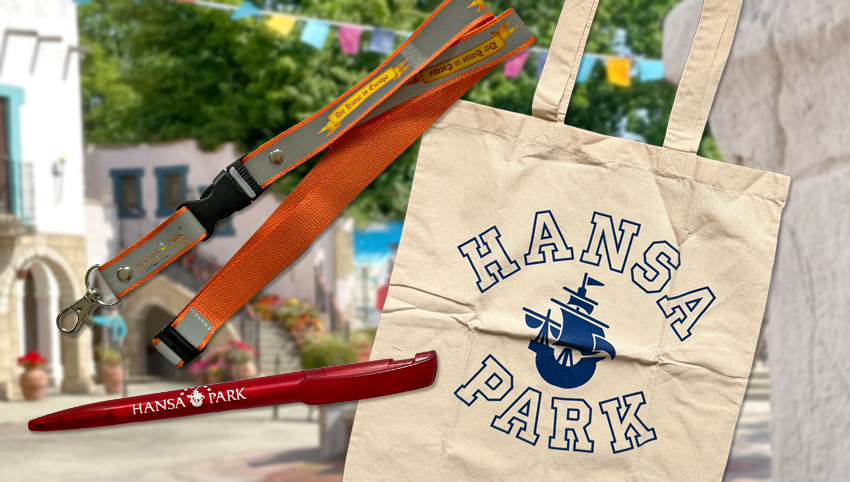 Hapaguide - Set rund um den Hansa‑Park mit Stoffbeutel im College-Stil, reflektierendem Hanse in Europa Schlüsselband und einem Logo-Kugelschreiber in Rot.