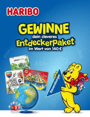 Haribo - 700 Entdeckerpakete von Ravensburger, bestehend aus den vier Produkten 3D-Puzzle Kindererde, Das verrückte Labyrinth, GraviTrax Action-Set Skytrax sowie das Grundschullexikon