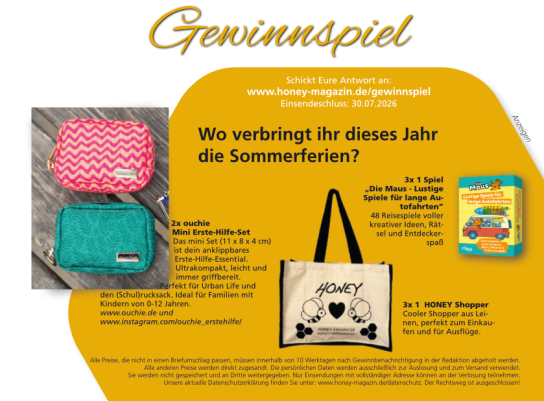 HONEY – Familienmagazin - 3x Spiel mit der Maus, 3x HONEY Shopper, 2 Erste Hilfe Taschen