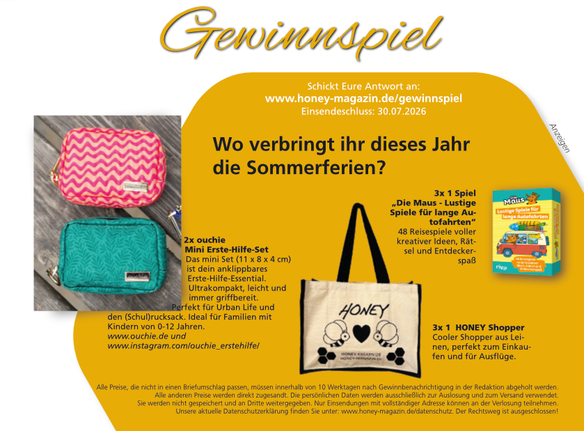 HONEY – Familienmagazin - 3x Spiel mit der Maus, 3x HONEY Shopper, 2 Erste Hilfe Taschen