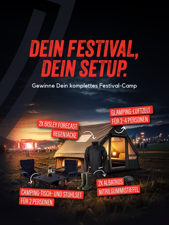 ISM Store - 1x Glamping-Luftzelt für 2 - 4 Personen, 1x Camping-Tisch und Stuhlset für 2 Personen, 2x ALBATROS Guardian Mid Nitrilgummistiefel, 2x BISLEY Forecast Regenjacke
