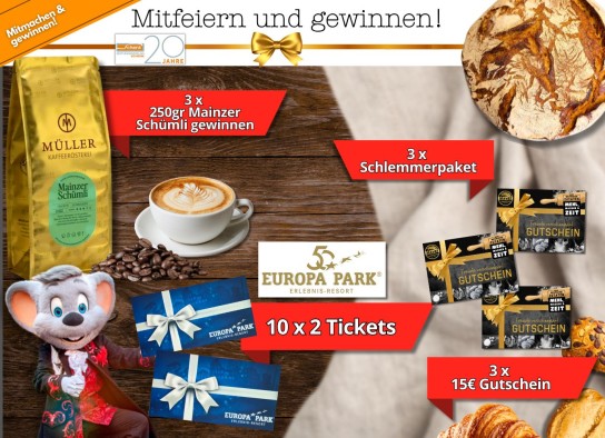 journal lokal - 10 x 2 Karten für den Europapark Rust, 3 x ein 15€ Gutschein & 3 × ein Schlemmerpaket der Landbäckerei Mayer in Lörzweiler, - 3 x 250gr Mainzer Schümli der Kaffeerösterei Müller