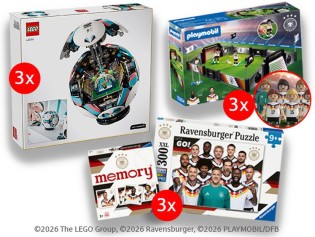 knax.de - 3 Playmobil-Sets Bestehend aus einem DFB-Trainingsset, 3 Ravensburger-Sets Bestehend aus einem XXL Puzzle, 3 LEGO® Fußbälle