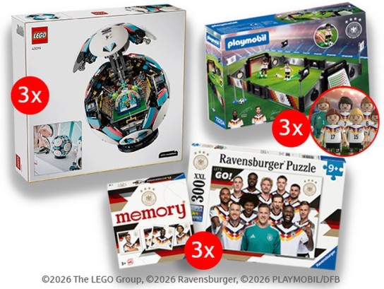 knax.de - 3 Playmobil-Sets Bestehend aus einem DFB-Trainingsset, 3 Ravensburger-Sets Bestehend aus einem XXL Puzzle, 3 LEGO® Fußbälle