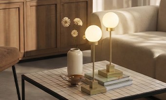 Lampenmeister - 5x Snowball Tischleuchten in der Fabre Messing/weiß oder Beige/Weiß von Northern
